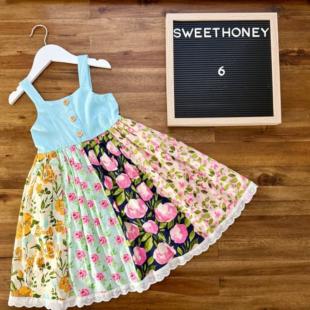 NEW SweetHoney Girls Annie Dress Glow 6 Floral Multicolor Linen Sleeveless Lace